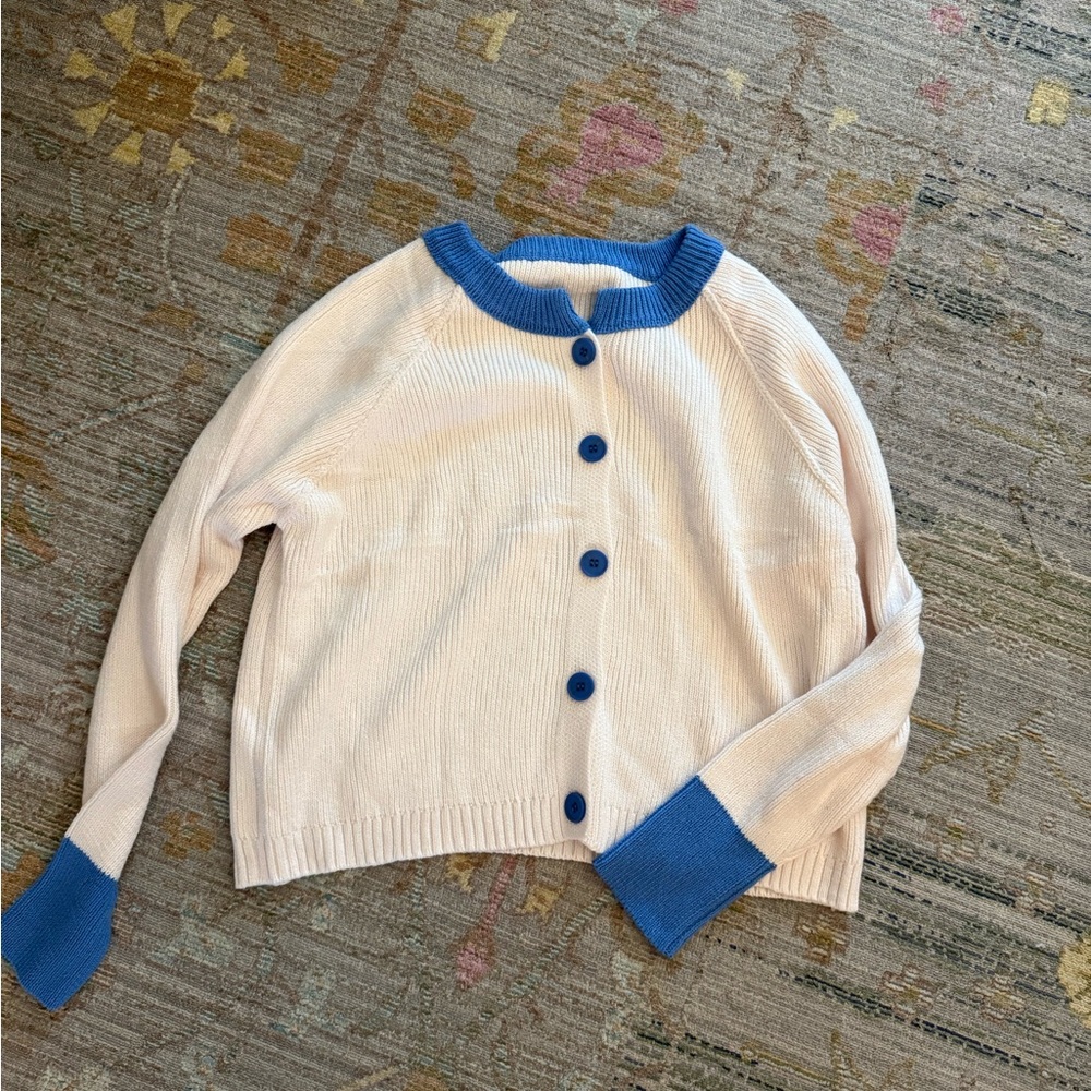 Cream Cardigan with Blue Accents